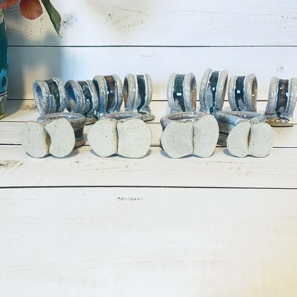 Handmade Ceramic Pottery Blue Napkin Rings Set of 12 Pc Blues Browns 2”h x 1”w